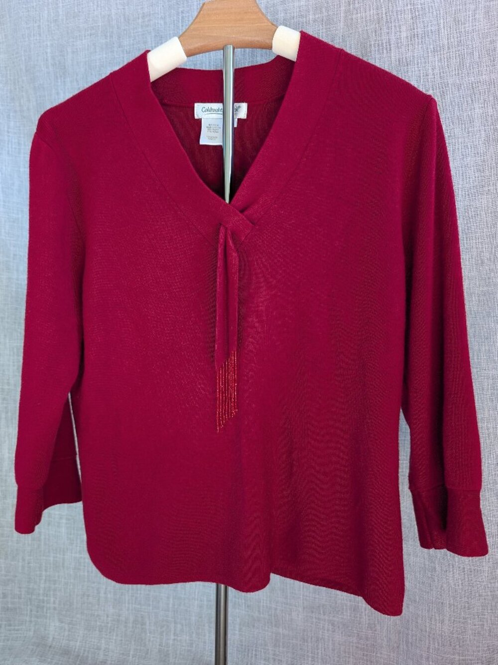 Y2K Coldwater Creek Cranberry Red V-Neck Tie Neck Beaded Tassel Sweater Classic